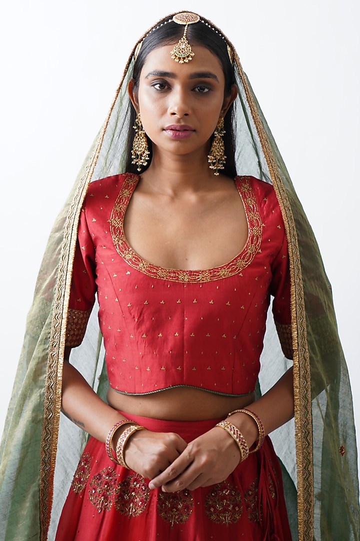 Red Silk & Organza Wedding Lehenga Set by Rhua at Pernia's Pop Up Shop
