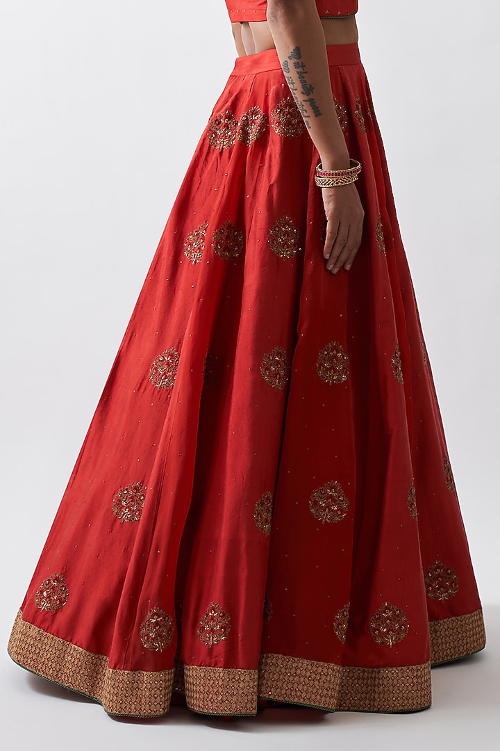 Red Silk & Organza Wedding Lehenga Set by Rhua at Pernia's Pop Up Shop
