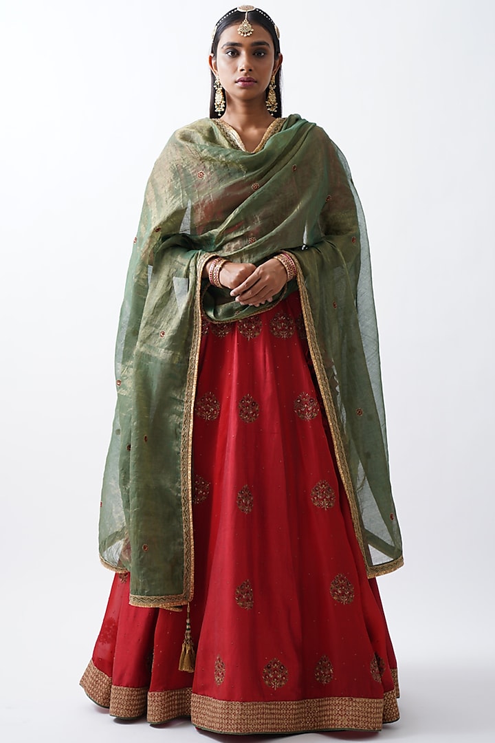 Red Silk & Organza Wedding Lehenga Set by Rhua at Pernia's Pop Up Shop