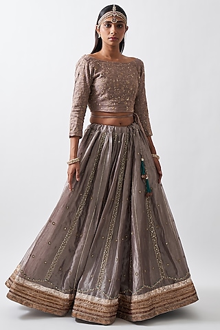 Silver Mauve Banarasi Silk Lehenga Set by Rhua