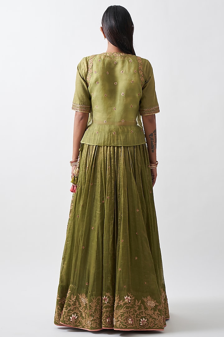Lime Green Tissue Chanderi Wedding Lehenga Set by Rhua at Pernia's Pop Up Shop