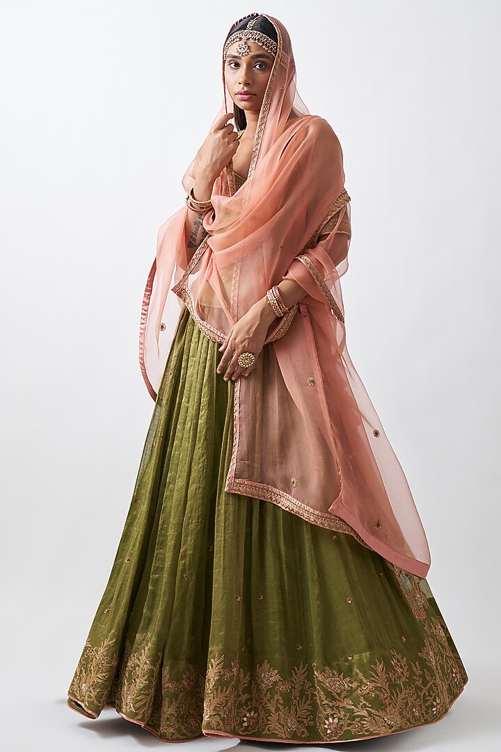 Lime Green Tissue Chanderi Wedding Lehenga Set by Rhua at Pernia's Pop Up Shop