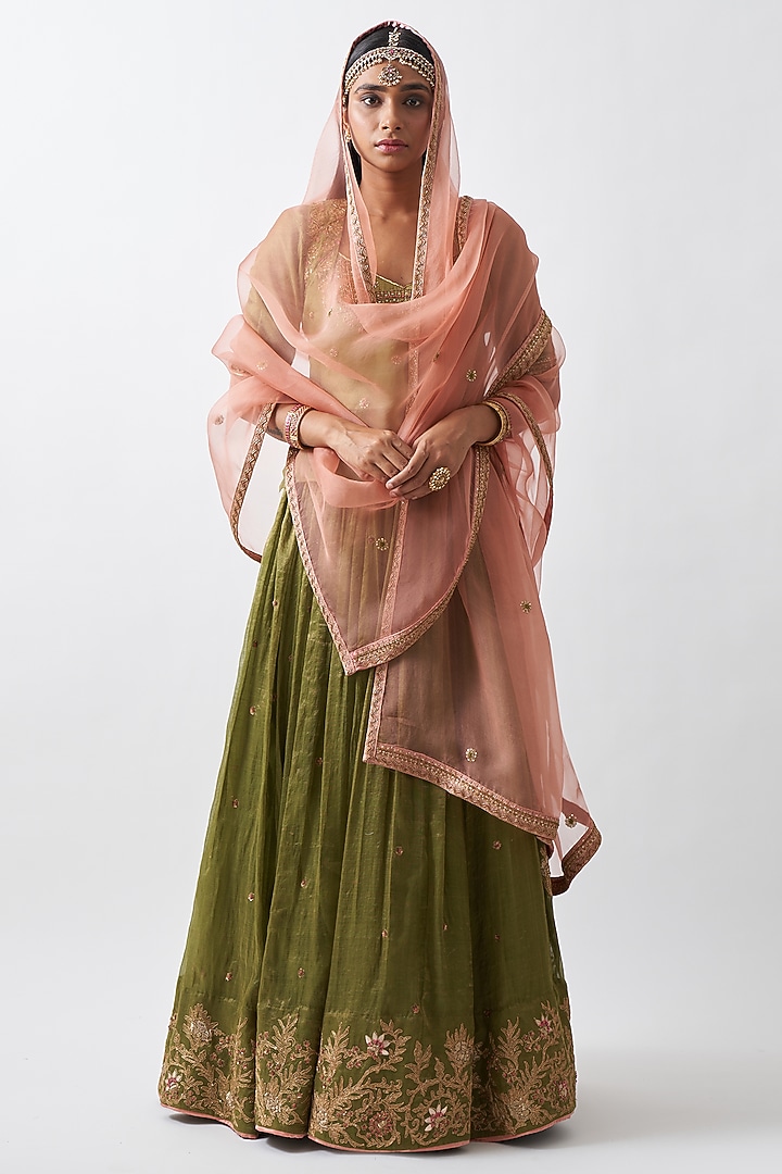 Lime Green Tissue Chanderi Wedding Lehenga Set by Rhua at Pernia's Pop Up Shop