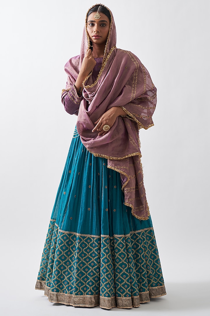 Turquoise Chanderi Mul Wedding Lehenga Set by Rhua at Pernia's Pop Up Shop