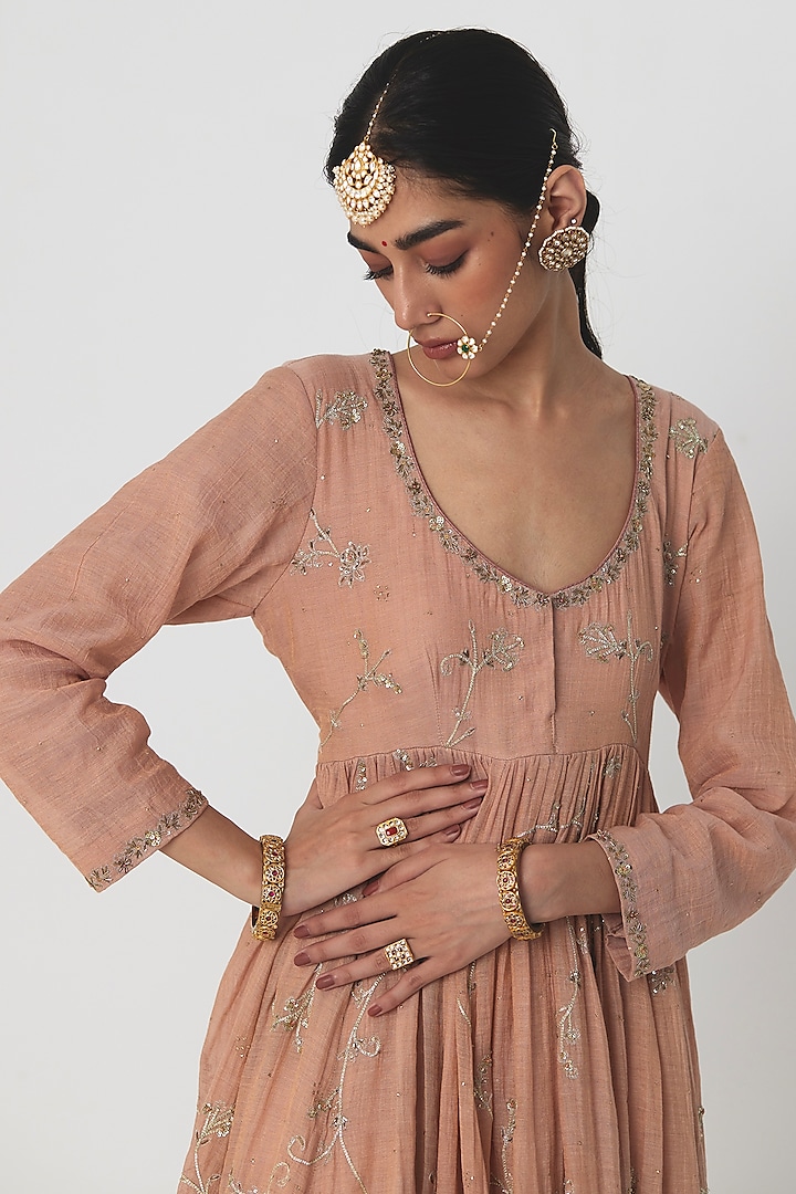 Pink Tissue Chanderi Aari & Zardosi Embroidered Wedding Anarkali Set by Rhua at Pernia's Pop Up Shop