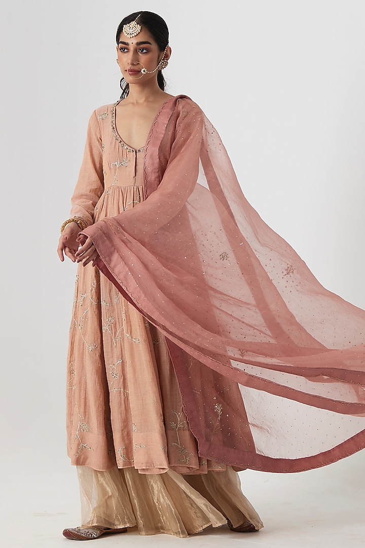 Pink Tissue Chanderi Aari & Zardosi Embroidered Wedding Anarkali Set by Rhua at Pernia's Pop Up Shop