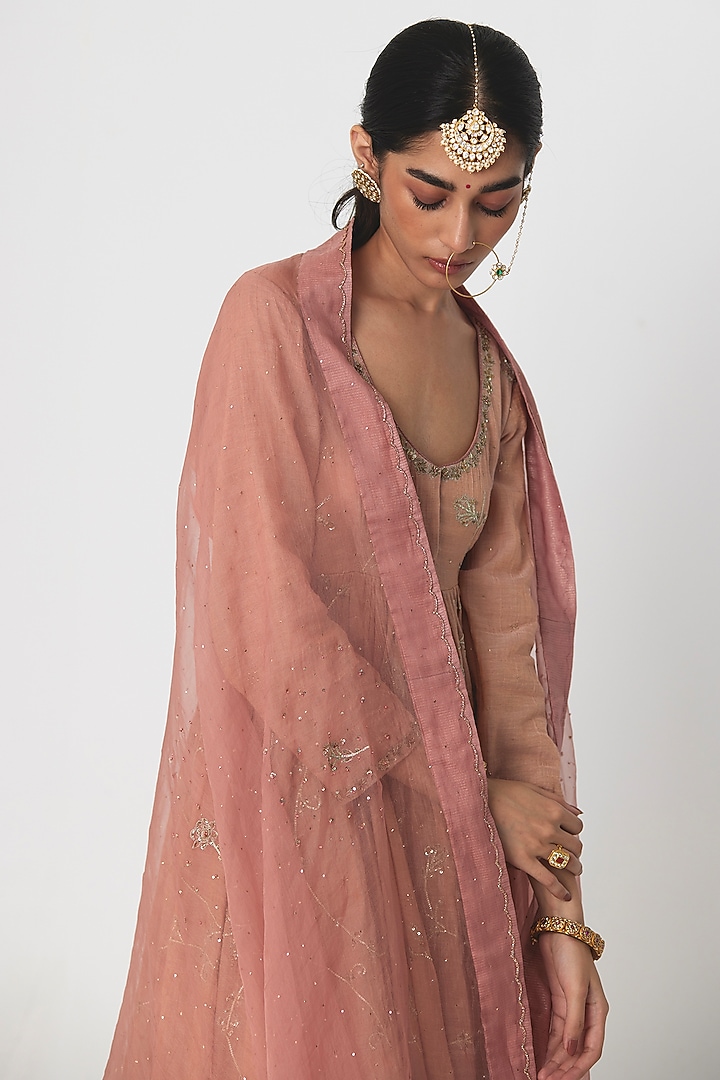Pink Tissue Chanderi Aari & Zardosi Embroidered Wedding Anarkali Set by Rhua at Pernia's Pop Up Shop