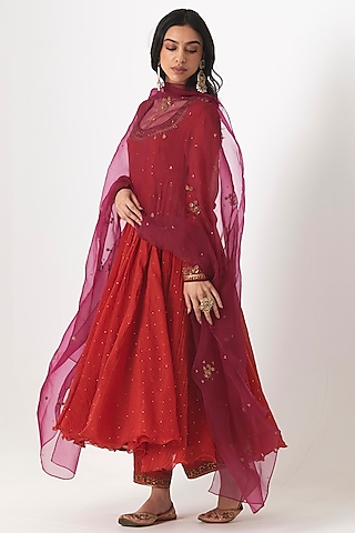 Reddish-Orange Mukaish Chanderi Aari & Zardosi Hand Embroidered Anarkali Set by Rhua