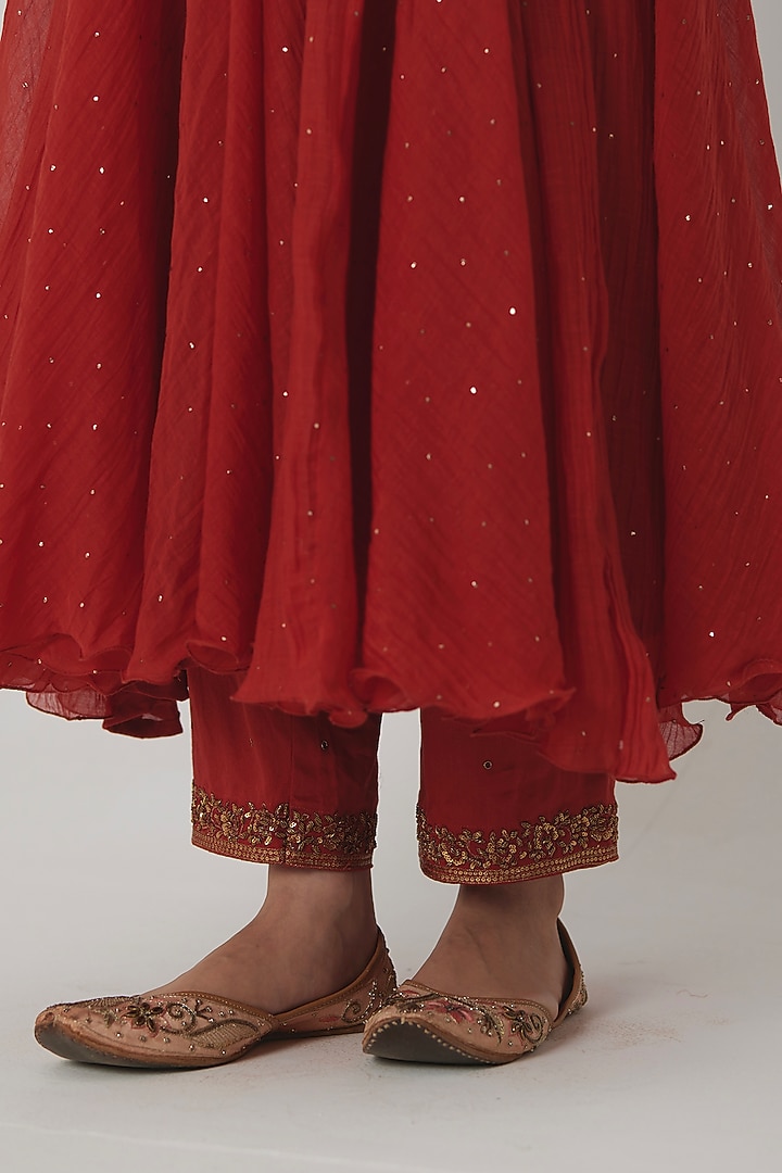 Reddish-Orange Mukaish Chanderi Aari & Zardosi Hand Embroidered Wedding Anarkali Set by Rhua at Pernia's Pop Up Shop