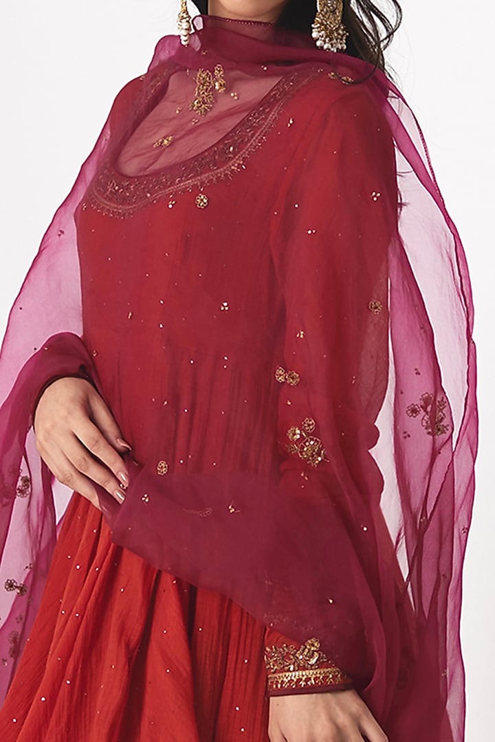 Reddish-Orange Mukaish Chanderi Aari & Zardosi Hand Embroidered Wedding Anarkali Set by Rhua at Pernia's Pop Up Shop