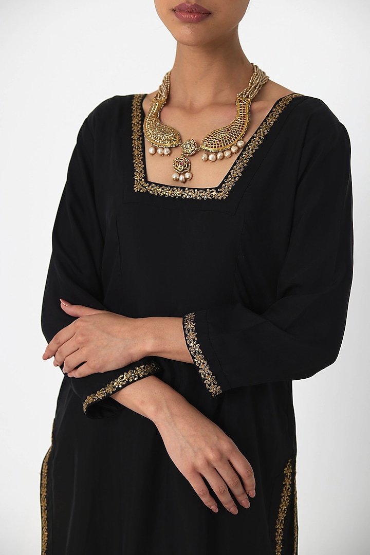 Black Pure Silk Aari & Zardosi Hand Embroidered Kurta Set by Rhua at Pernia's Pop Up Shop