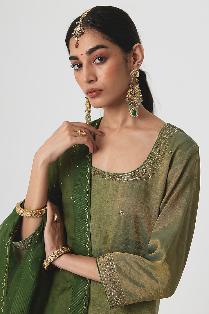 Sage Green Banarasi Silk Tissue Wedding Sharara Set by Rhua at Pernia's Pop Up Shop