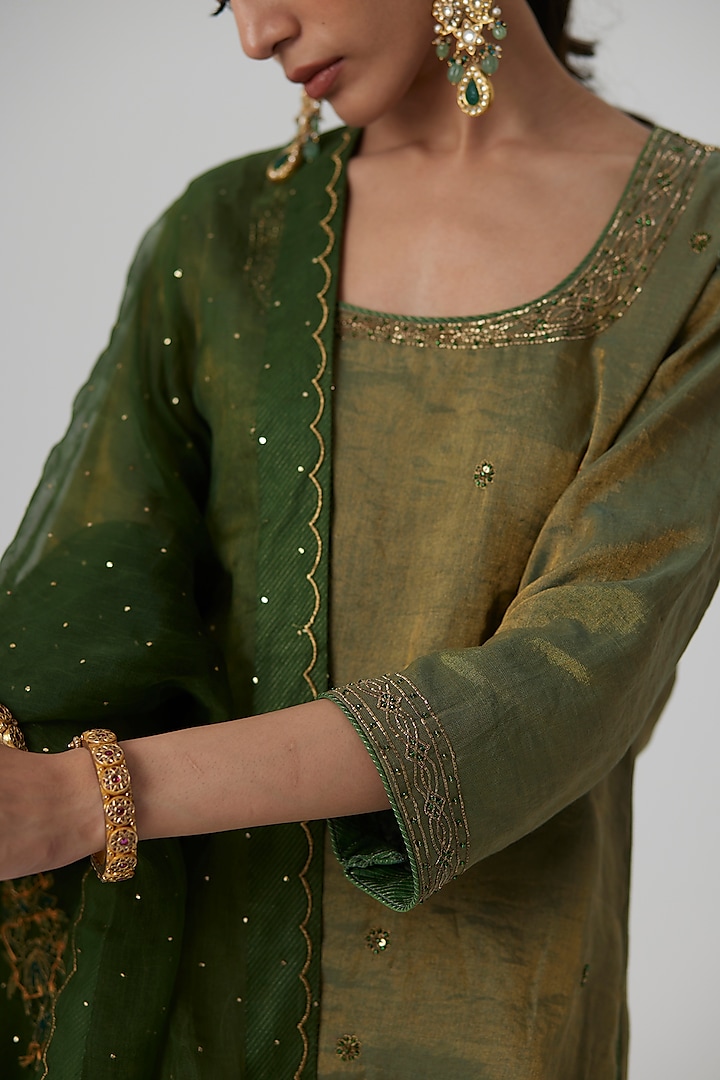Sage Green Banarasi Silk Tissue Wedding Sharara Set by Rhua at Pernia's Pop Up Shop