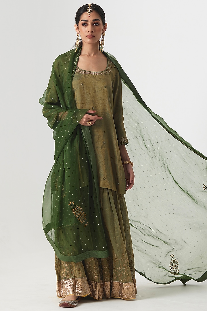 Sage Green Banarasi Silk Tissue Wedding Sharara Set by Rhua at Pernia's Pop Up Shop