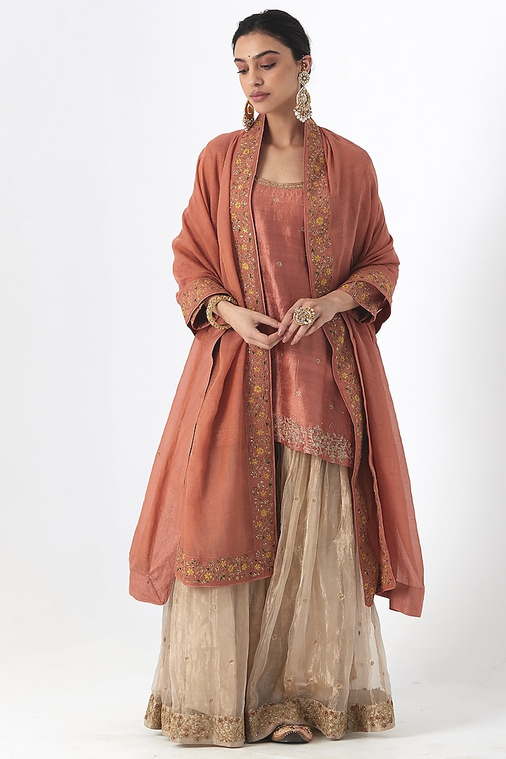 Gold Banarasi Silk Tissue Sharara Set by Rhua