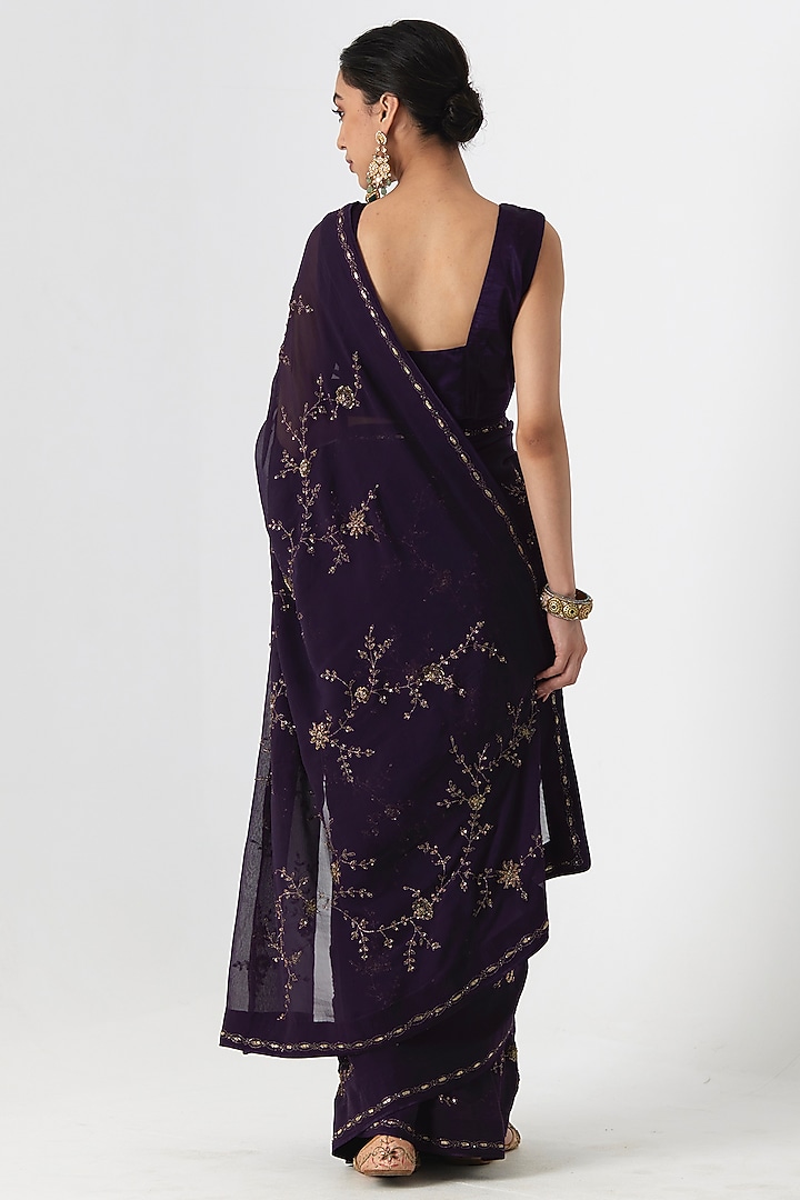 Aubergine Chiffon Aari & Zardosi Hand Embroidered Wedding Saree Set by Rhua at Pernia's Pop Up Shop