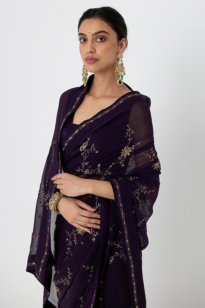 Aubergine Chiffon Aari & Zardosi Hand Embroidered Wedding Saree Set by Rhua at Pernia's Pop Up Shop