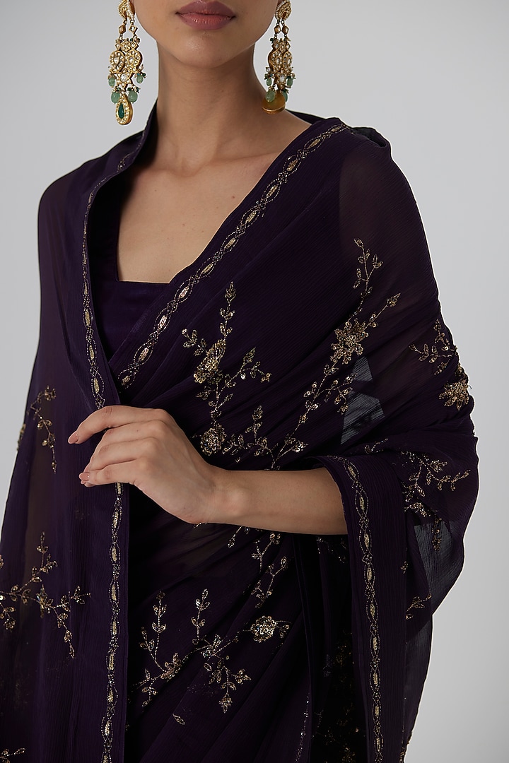 Aubergine Chiffon Aari & Zardosi Hand Embroidered Wedding Saree Set by Rhua at Pernia's Pop Up Shop