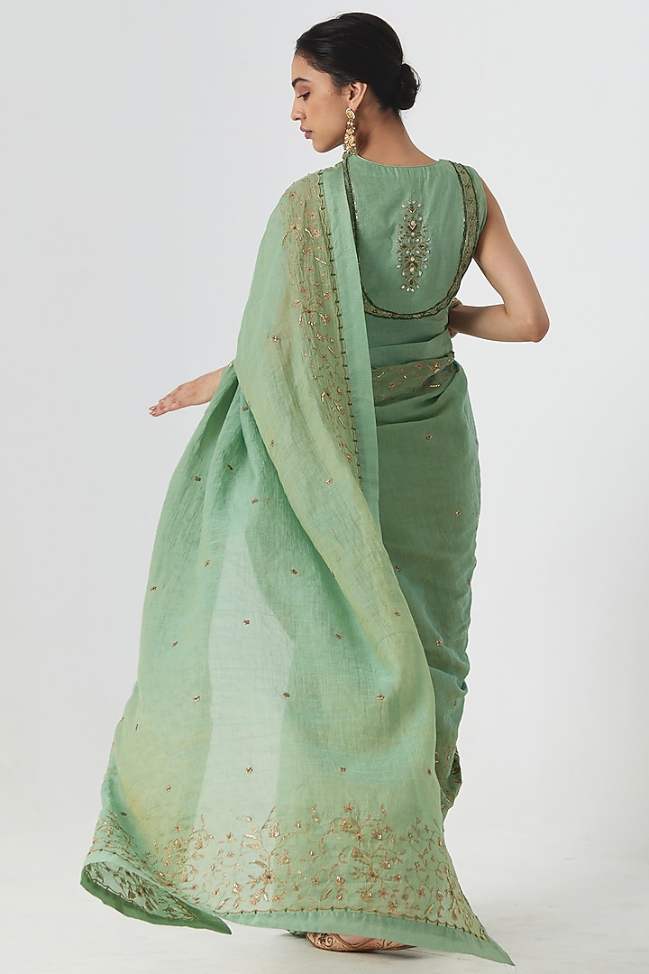 Sea Green Tissue Chanderi Aari & Zardosi Hand Embroidered Wedding Saree Set by Rhua at Pernia's Pop Up Shop