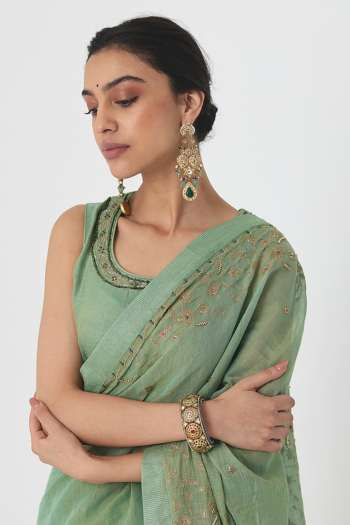 Sea Green Tissue Chanderi Aari & Zardosi Hand Embroidered Wedding Saree Set by Rhua at Pernia's Pop Up Shop