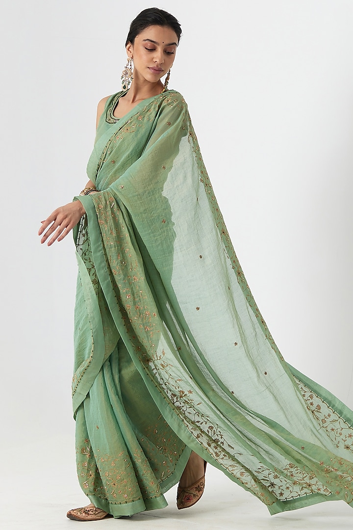 Sea Green Tissue Chanderi Aari & Zardosi Hand Embroidered Wedding Saree Set by Rhua at Pernia's Pop Up Shop