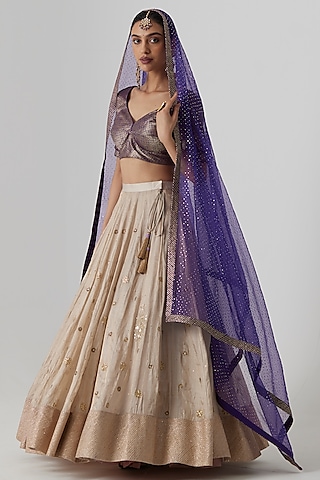 Silver-Gold Banarasi Silk Tissue Aari & Zardosi Hand Embroidered Lehenga Set by Rhua