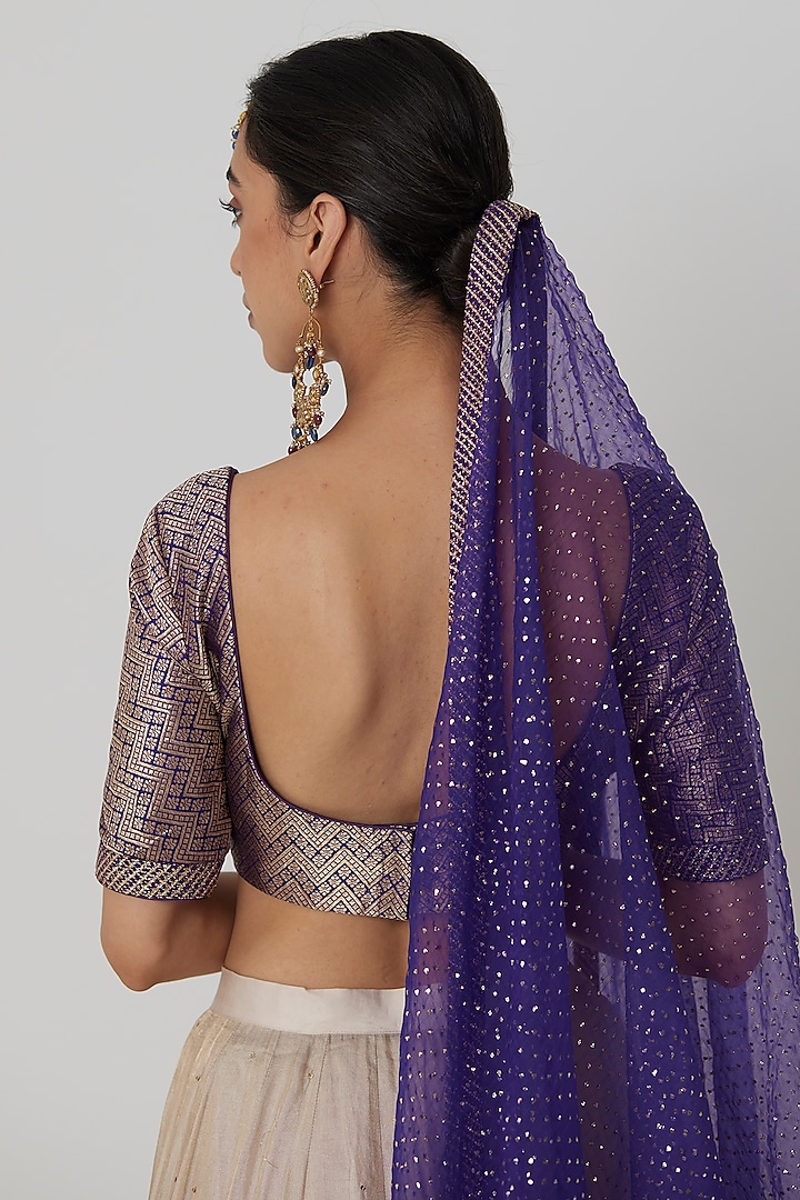 Silver-Gold Banarasi Silk Tissue Aari & Zardosi Hand Embroidered Wedding Lehenga Set by Rhua at Pernia's Pop Up Shop