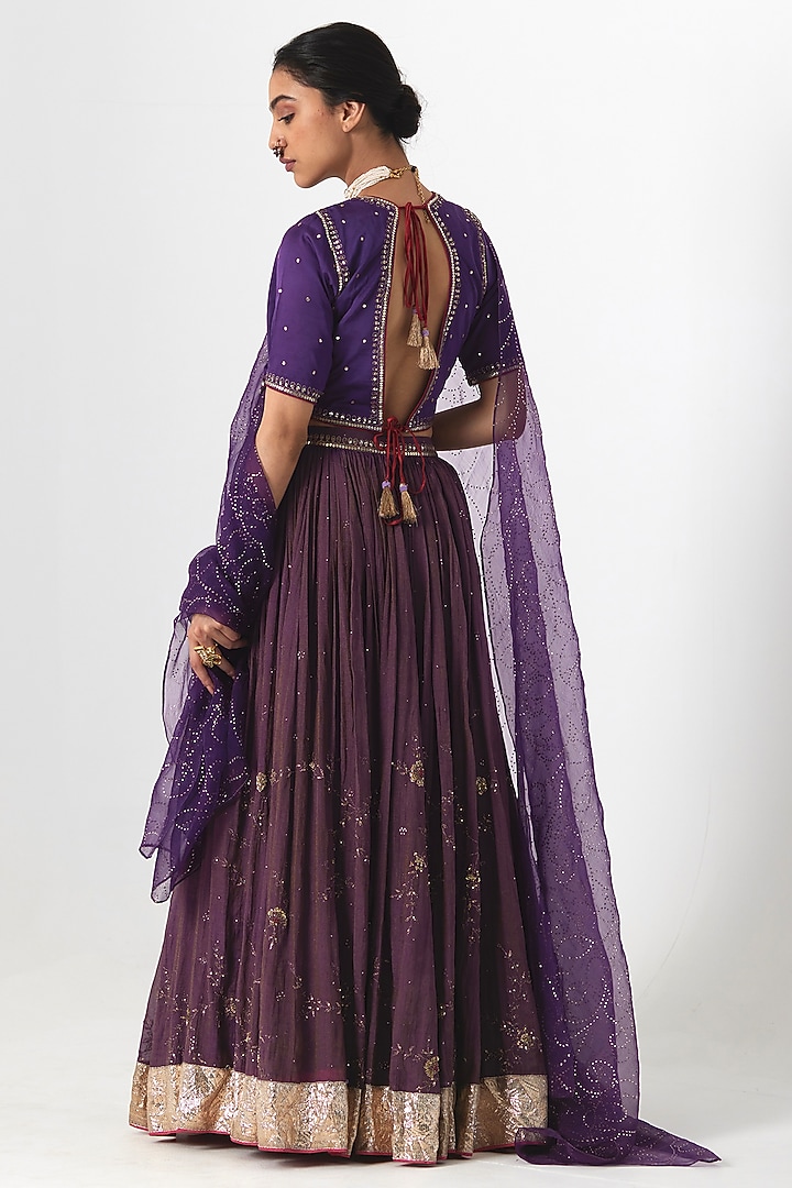 Deep Purple Tissue Chanderi Aari & Zardosi Hand Embroidered Wedding Lehenga Set by Rhua at Pernia's Pop Up Shop