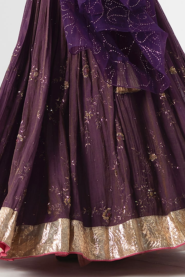 Deep Purple Tissue Chanderi Aari & Zardosi Hand Embroidered Wedding Lehenga Set by Rhua at Pernia's Pop Up Shop