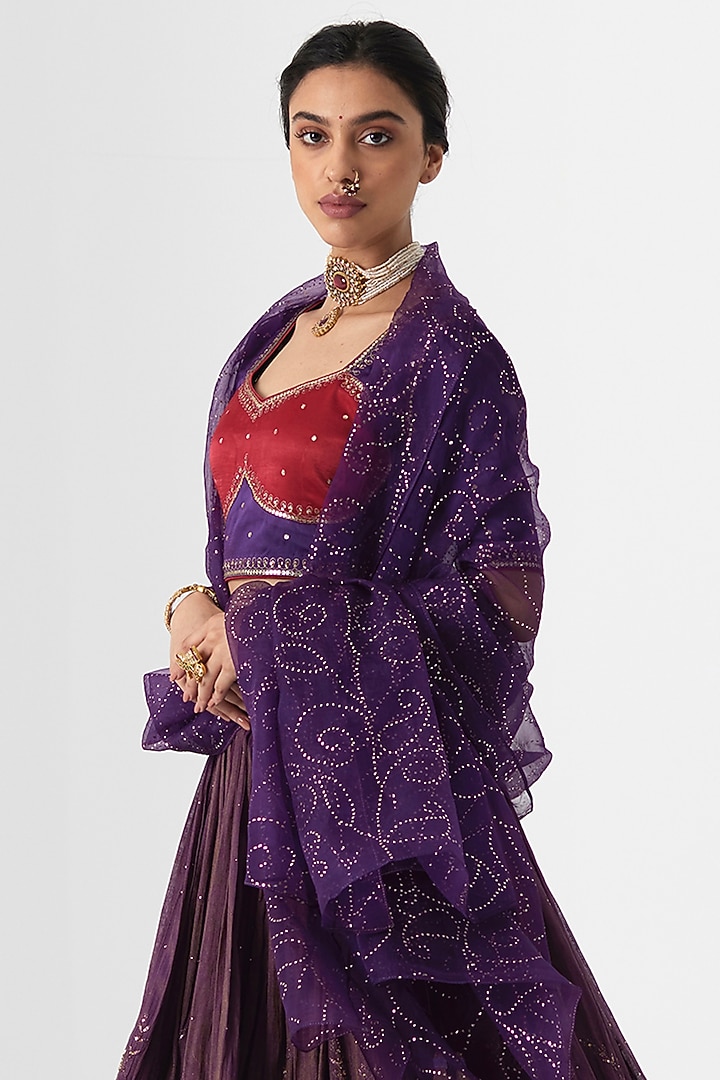 Deep Purple Tissue Chanderi Aari & Zardosi Hand Embroidered Wedding Lehenga Set by Rhua at Pernia's Pop Up Shop