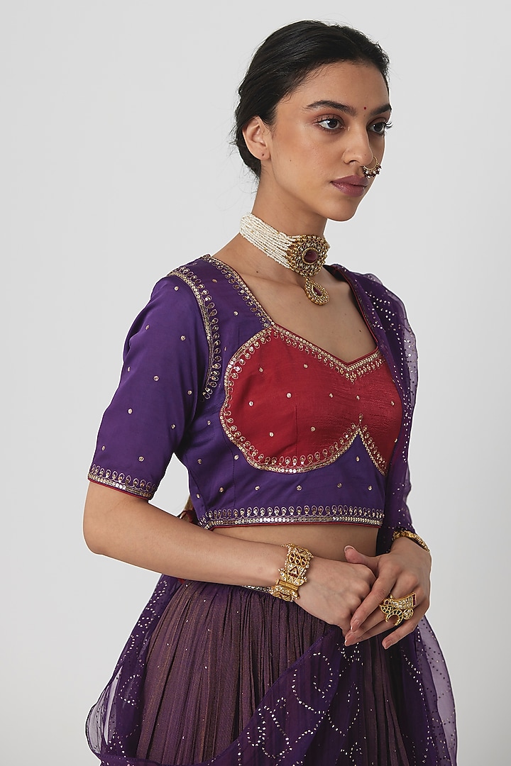 Deep Purple Tissue Chanderi Aari & Zardosi Hand Embroidered Wedding Lehenga Set by Rhua at Pernia's Pop Up Shop