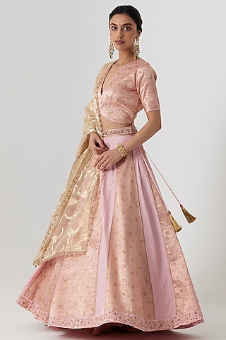Pink Banarasi Silk Brocade Aari & Zardosi Hand Embroidered Lehenga Set by Rhua