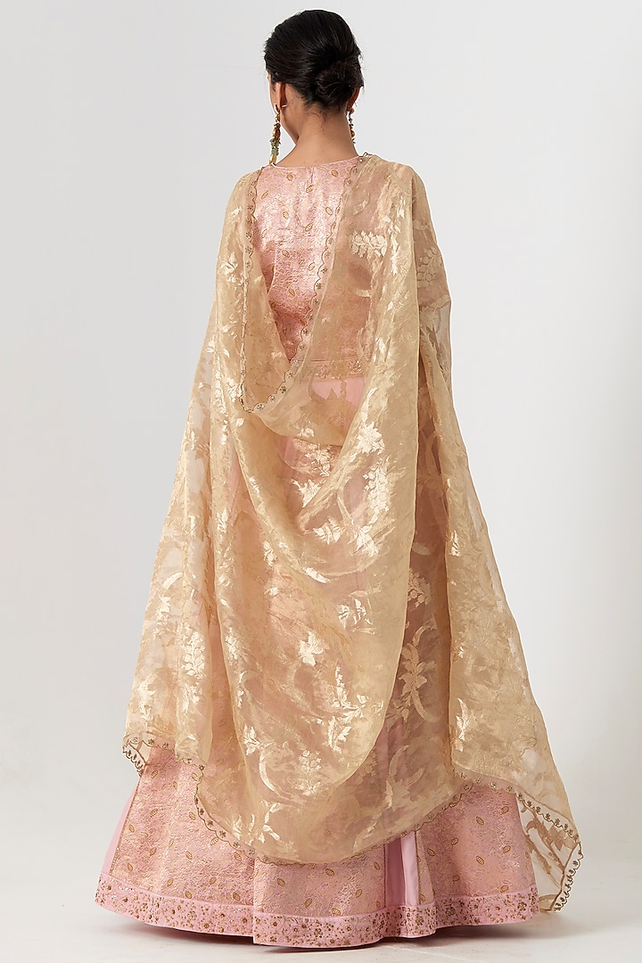 Pink Banarasi Silk Brocade Aari & Zardosi Hand Embroidered Wedding Lehenga Set by Rhua at Pernia's Pop Up Shop