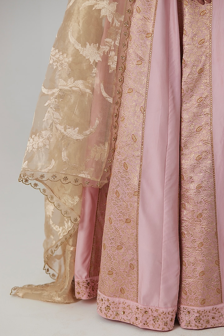Pink Banarasi Silk Brocade Aari & Zardosi Hand Embroidered Wedding Lehenga Set by Rhua at Pernia's Pop Up Shop