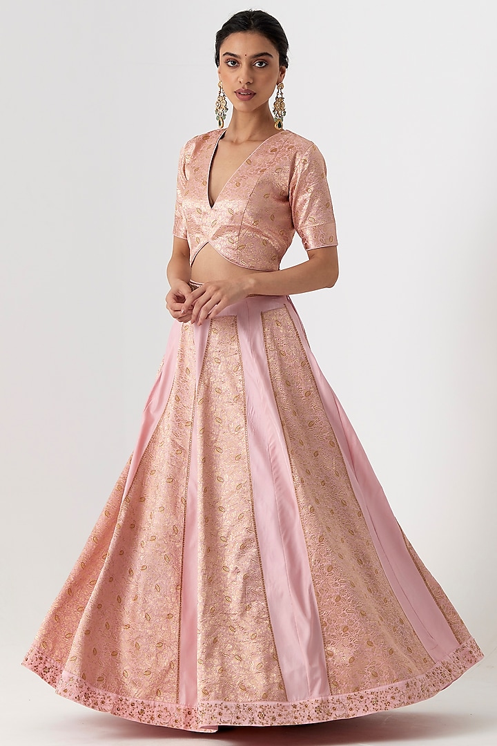 Pink Banarasi Silk Brocade Aari & Zardosi Hand Embroidered Wedding Lehenga Set by Rhua at Pernia's Pop Up Shop