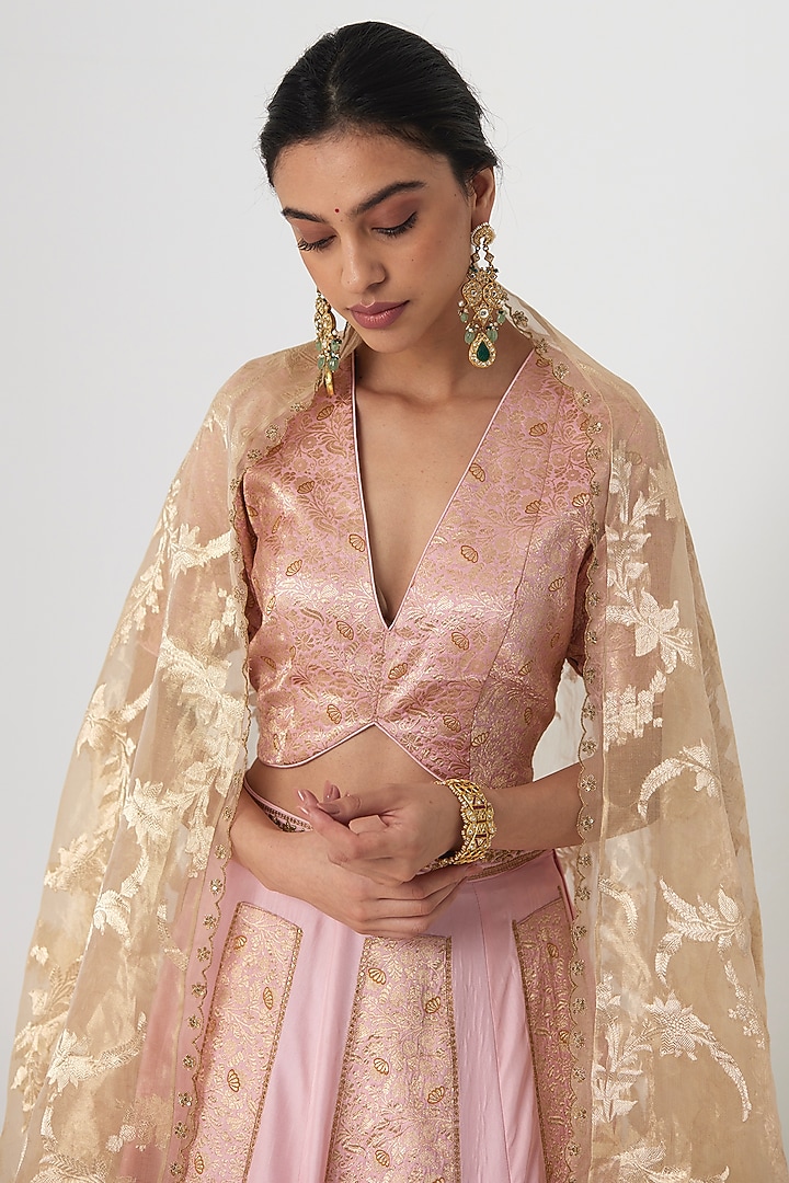 Pink Banarasi Silk Brocade Aari & Zardosi Hand Embroidered Wedding Lehenga Set by Rhua at Pernia's Pop Up Shop