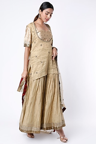 Antique Gold Zardosi Embroidered Sharara Set by Rhua