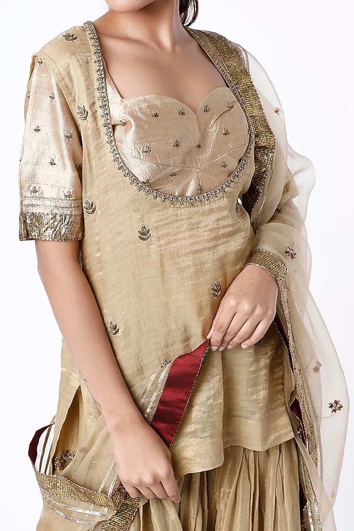 Antique Gold Zardosi Embroidered Wedding Sharara Set by Rhua at Pernia's Pop Up Shop
