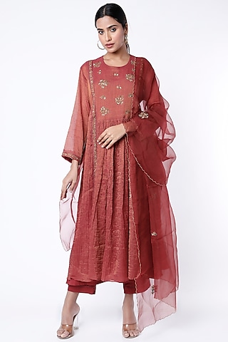 Brick Red Embroidered Kurta Set by Rhua