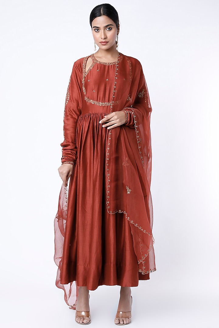 Crimson Red Embroidered Anarkali Set by Rhua