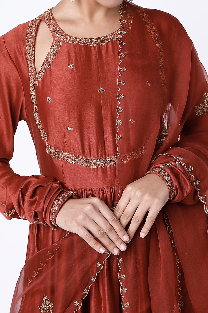 Crimson Red Embroidered Wedding Anarkali Set by Rhua at Pernia's Pop Up Shop