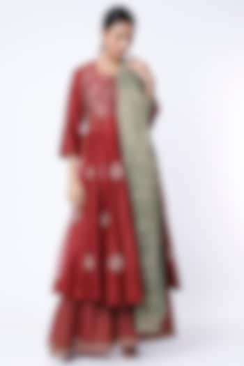 Deep Red Embroidered Anarkali Set by Rhua