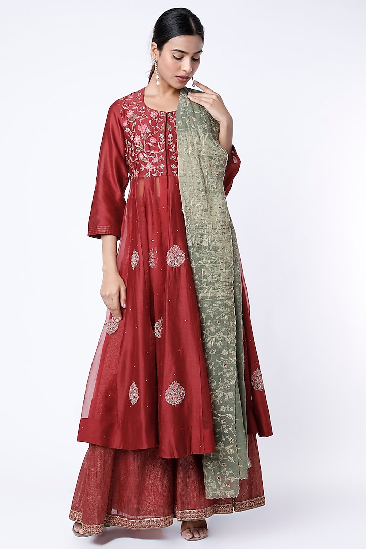 Deep Red Embroidered Anarkali Set by Rhua
