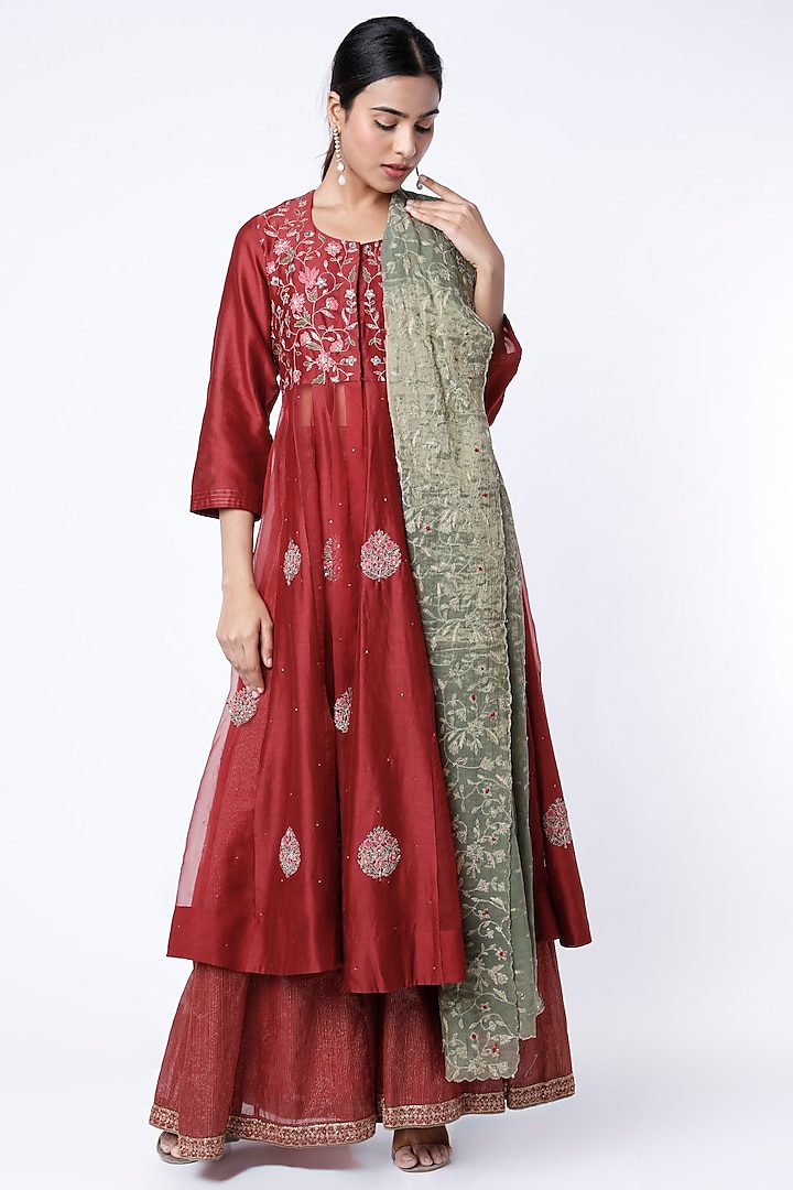 Deep Red Embroidered Anarkali Set by Rhua at Pernia's Pop Up Shop