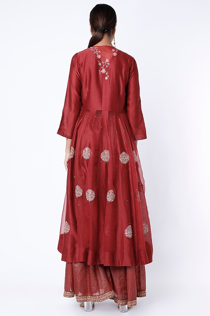 Deep Red Embroidered Wedding Anarkali Set by Rhua at Pernia's Pop Up Shop