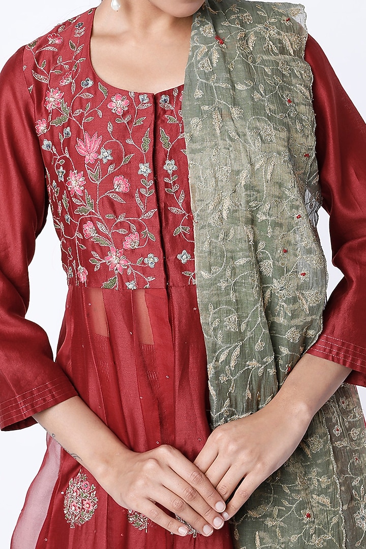 Deep Red Embroidered Wedding Anarkali Set by Rhua at Pernia's Pop Up Shop