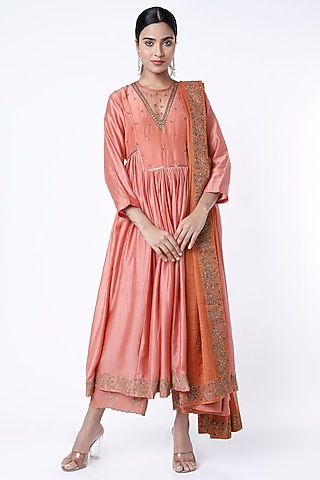 Carrot Peach Embroidered Kurta Set by Rhua