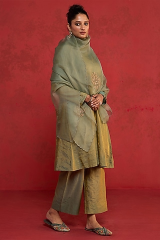 Sage Green Pure Silk Zardosi Embroidered Kurta Set by Rhua
