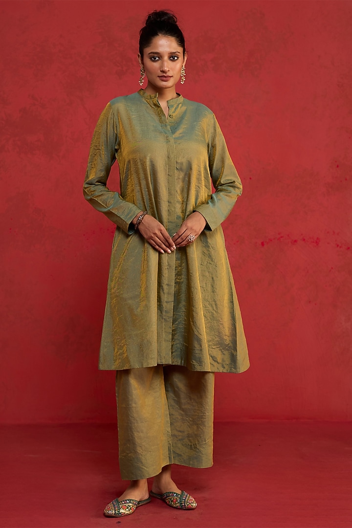 Sage Green Pure Silk Zardosi Embroidered Kurta Set by Rhua at Pernia's Pop Up Shop