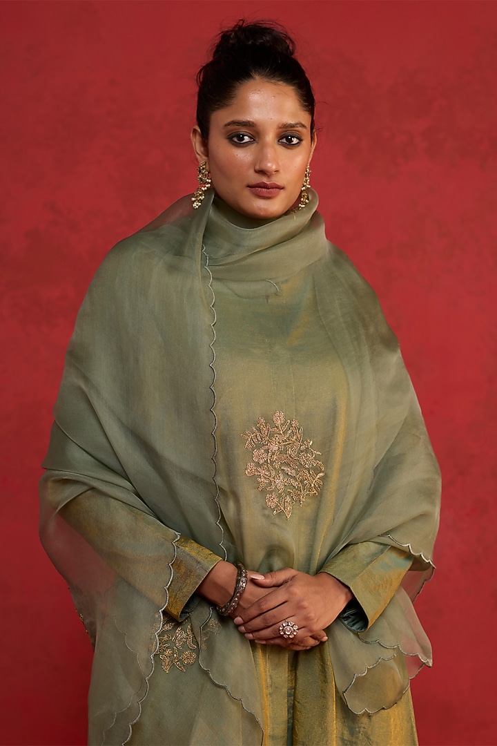 Sage Green Pure Silk Zardosi Embroidered Kurta Set by Rhua at Pernia's Pop Up Shop